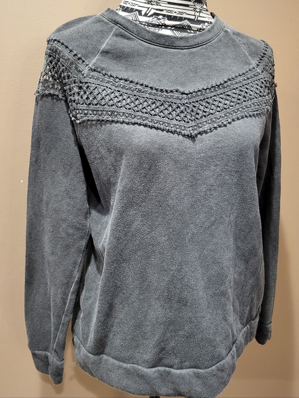 a.n.a Washed Charcoal Crochet Yoke Crew Sweater